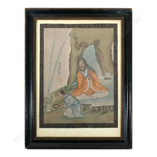 A Chinese painting on silk of a Buddhist hermit sage and attendant,