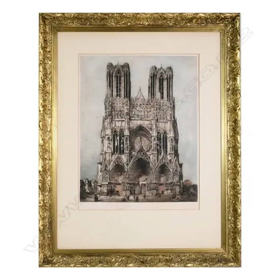 A mezzotint etching with colouring by Camille Foncé (French 1867-1938) of  'Rheims Cathedral',