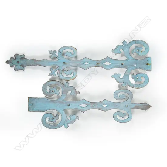 A set of six large antique decorative cast metal iron door hinge embellishments,