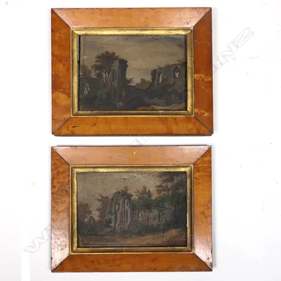 A pair of Georgian oil paintings on copper depicting atmospheric ruins,