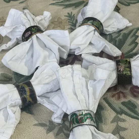 FIVE CLOISONNE NAPKIN RINGS VARIOUS PATTERNS