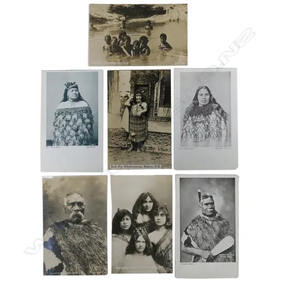 Seven Māori subject postcards, (four real photos, three photolithographs), 'beauties', chiefs and children at Whakarewarewa,