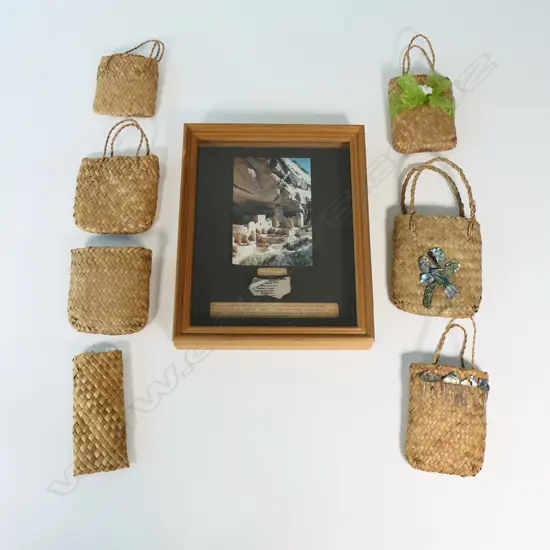 Seven small woven flax bags