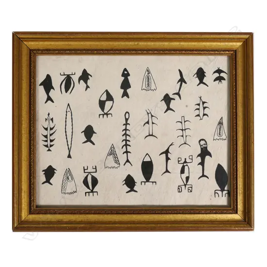 Framed fine ink sketches on tapa or heavy paper of ethnic animals