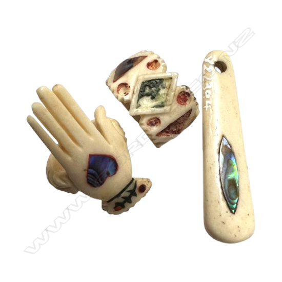 Three old Māori carved bone jewellery pieces,