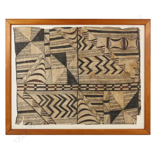A 19thC Samoan tapa (siapo) section framed under glass