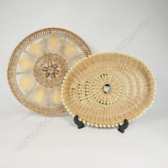Micronesian woven fibre and cowrie shell mat and basket,