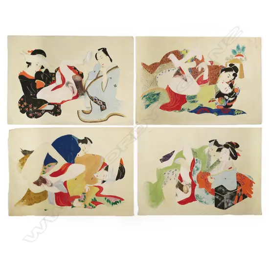 Four Fine Japanese Meiji Period Erotic Shunga Paintings,