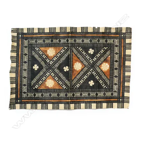 Fijian small tapa cloth with geometric and restrained floral designs. 910 x 620mm. Provenance: Ex. The Estate of John Perry.