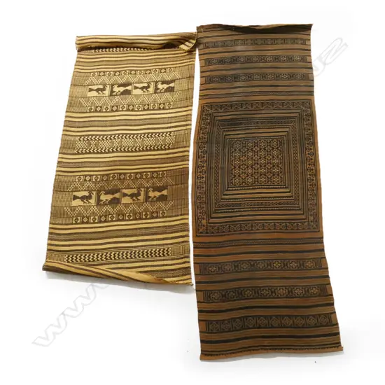 Two old finely woven tribal mats with geometric banded decoration including birds. L.1700 & 1900mm