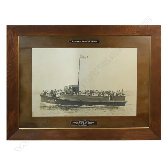 A large format photograph by Leo White of the 15-metre kauri launch the 'Olive Rose',