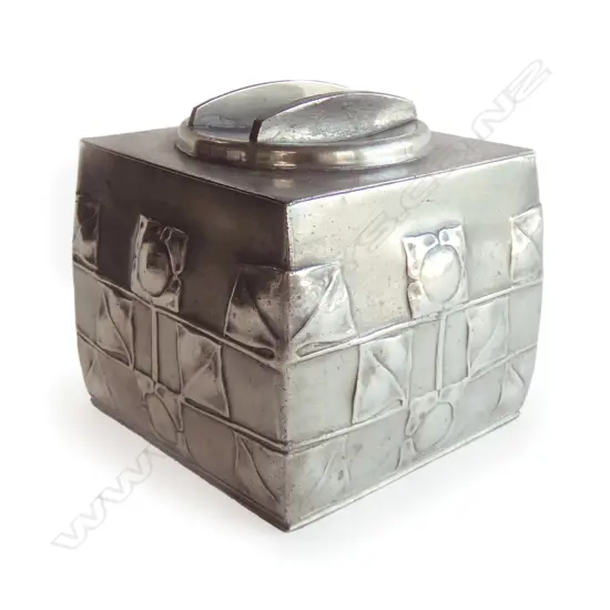 An English Pewter tea caddy or biscuit box designed by Archibald Knox
