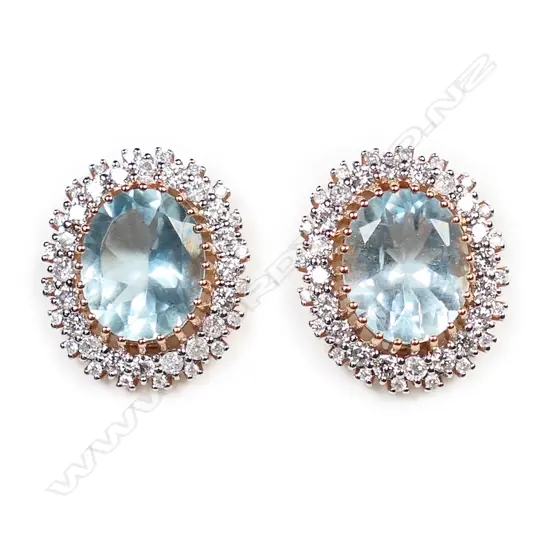 A pair of 14ct rose gold aquamarine and diamond antique style earrings,