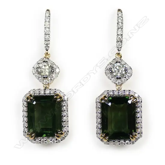 A pair of 14ct yellow and white gold green sapphire and diamond halo drop earrings,