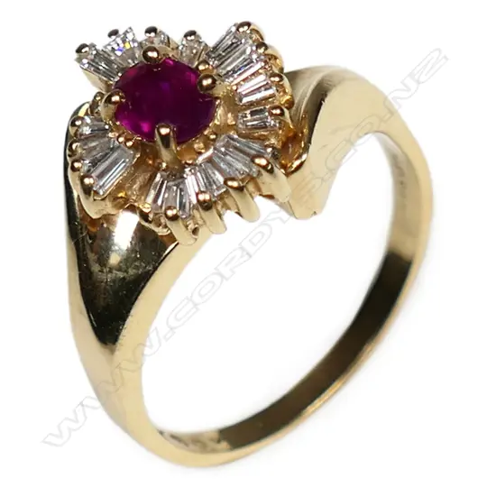 A 14ct yellow gold ruby and diamond ring,