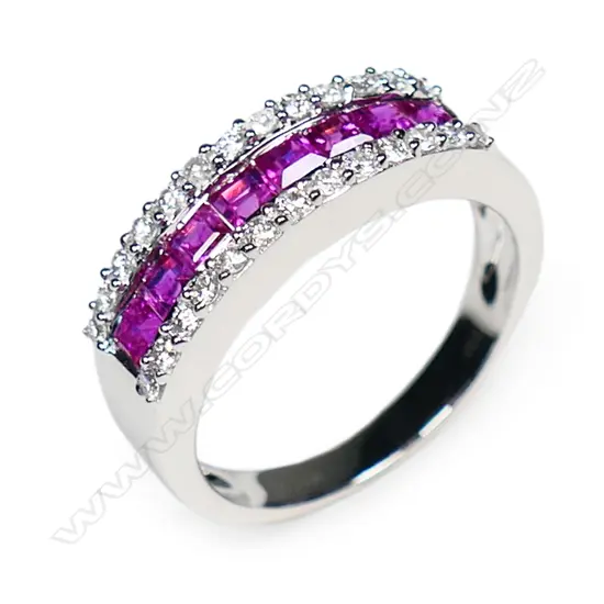 An 18ct white gold pink sapphire and diamond ring,
