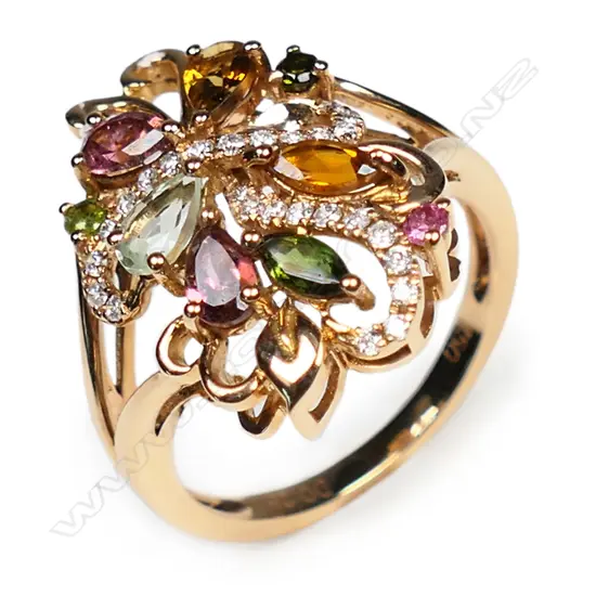An 18ct rose gold diamond and mixed tourmaline dress ring,