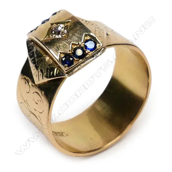 A late 19thC NZ 18ct yellow gold sapphire and diamond ring,