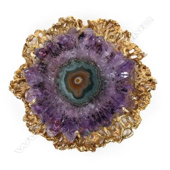 A vintage designer 14ct yellow gold and amethyst quartz slab pendant,