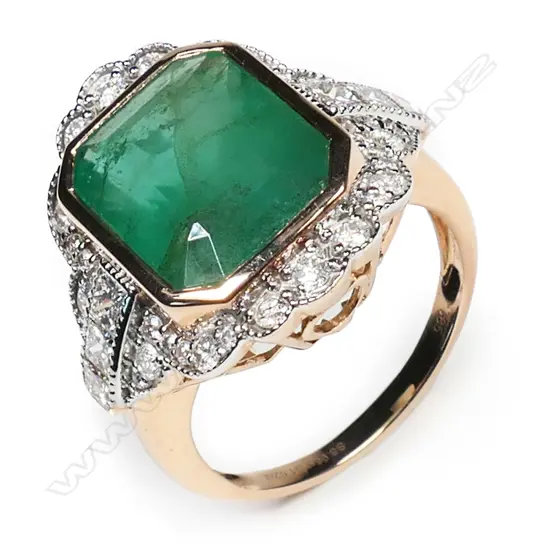 A 14ct rose gold emerald and diamond Art Deco style ring,