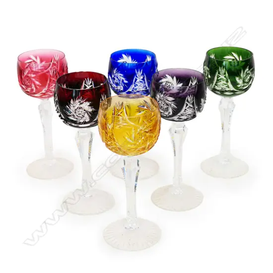 A set of six Bohemian long stem wine glasses,
