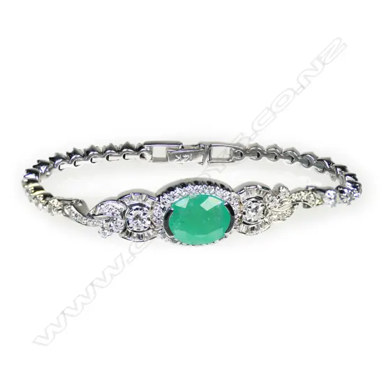 A 14ct white gold, emerald and diamond antique style bracelet,