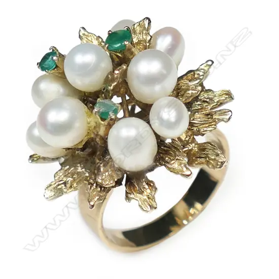 Vintage 14ct yellow gold pearl and emerald ring,