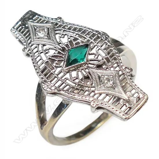 An estate 14ct gold emerald and diamond antique style ring,