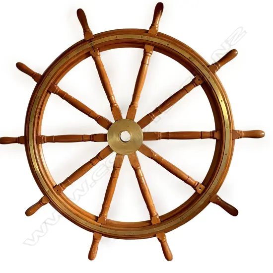 An historic 20thC teak ship's helm (steering wheel) from the old Union Steam Ship Company of NZ's tug - 'Tapuhi',
