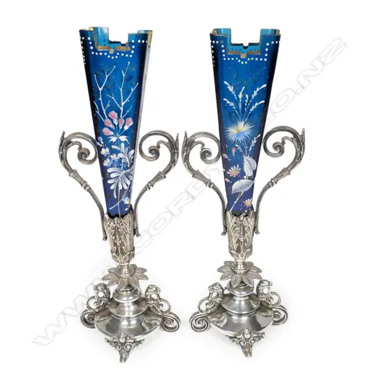 A pair of Victorian silver plate and glass vases,