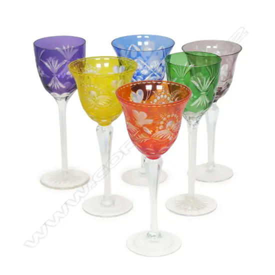Six Bohemian long stemmed wine glasses,
