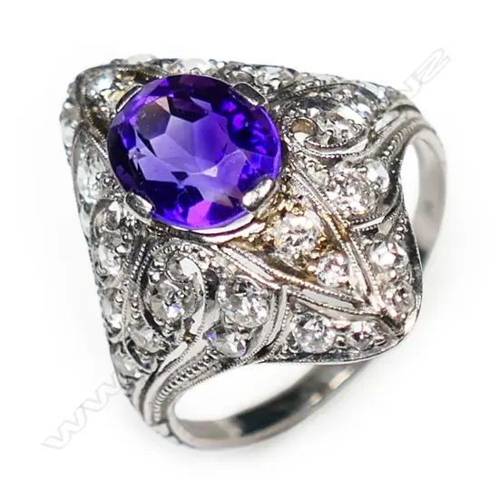 A platinum diamond and amethyst Art Deco ring,