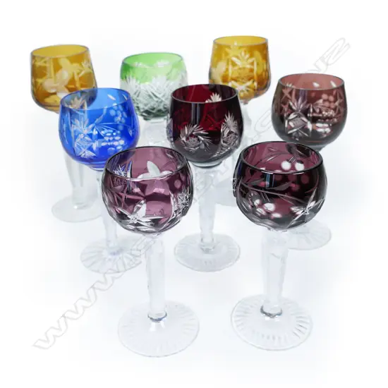 A harlequin set of small Bohemian long stemmed glasses,