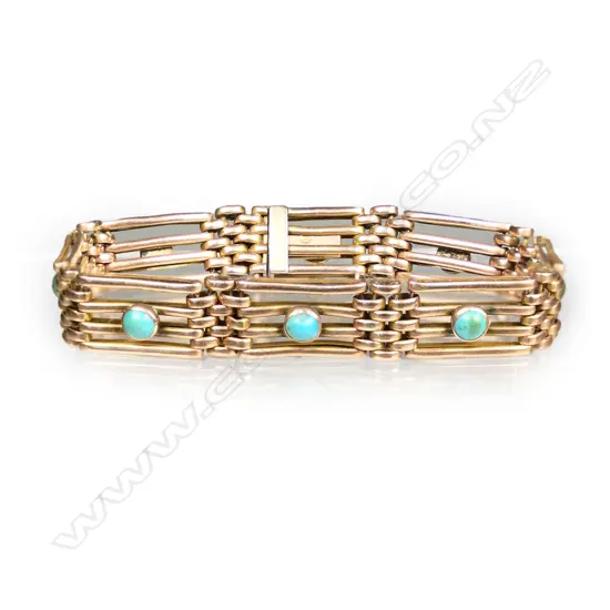 A 9ct rose gold and turquoise gate bracelet,