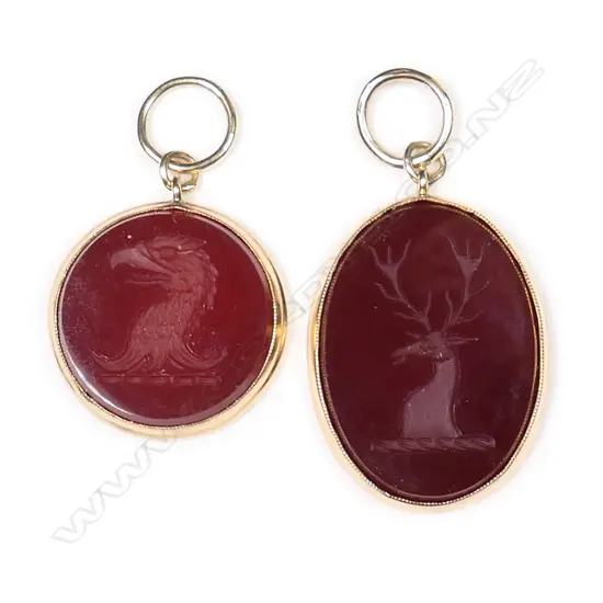 Two 19thC 9ct. framed intaglio cut seal pendants,