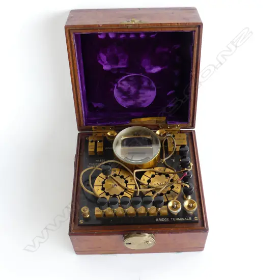 Antique telegraph line tester in mahogany box,  215 x 195 x 145mm