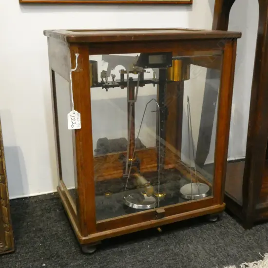 Oak cased Apothecary scales with motor for apparent gas extraction. H.465mm