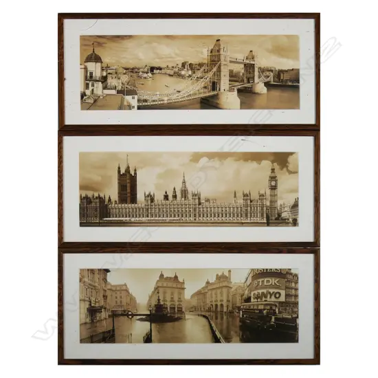 Three framed photographic prints of London, 185 x 550mm
