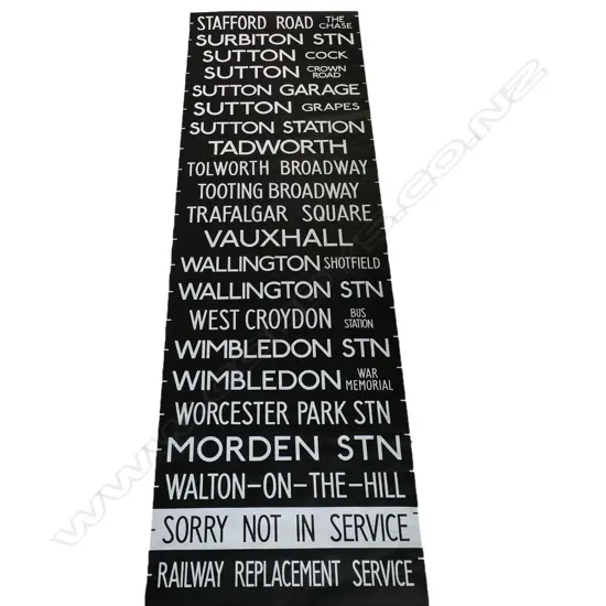 Original vintage Kensington destination bus blind, an eight-metre paper roll comprising multiple joined 500mm sheets screen-printed with destination names and route numbers. Destinations are also printed in black to back. Printed by McKenna Brothers and stamped Sutton NW. B/M DMS VEH. Minor marks and tears commensurate with age. 1.84 x 8 Metres.