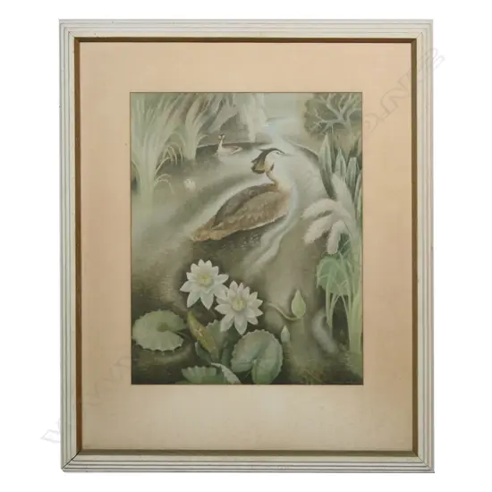 Billie Waters (Phyllis Mary Waters) 'Crested grebe & water lilies, lithograph, 480 x 380mm