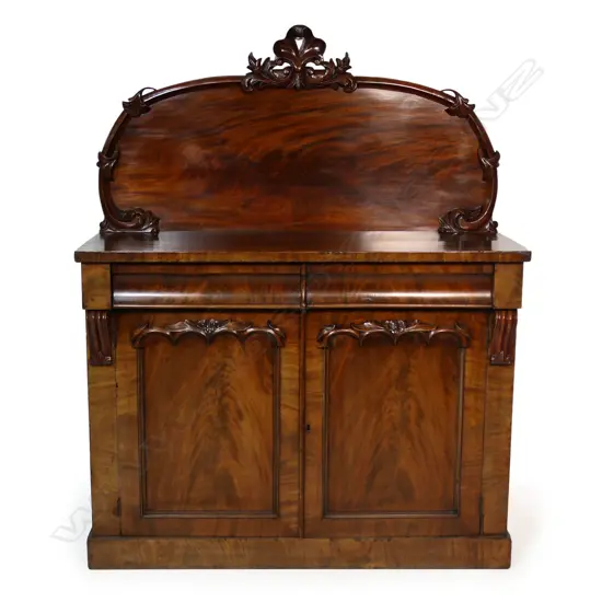Victorian mahogany chiffonier sideboard, ornate carving to back and cupboards, 1200 x 450 x 1530mm