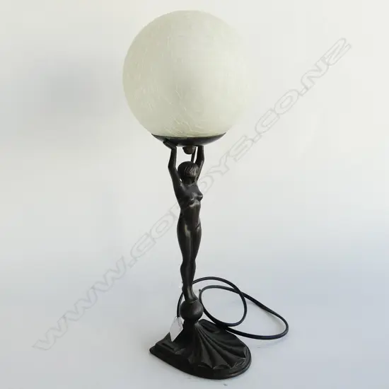 Art Deco reproduction brass lamp - naked lady with crackle glass round lamp, H.425mm