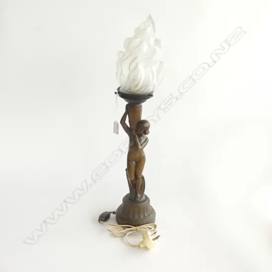 Art Deco spelter lamp bronze finish with original flame shade, H.580mm (needs attention)