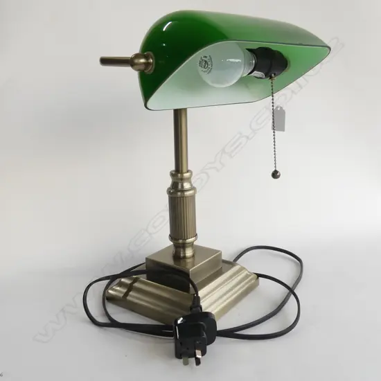 Bankers lamp; brushed metal base, green glass shade, H.370mm