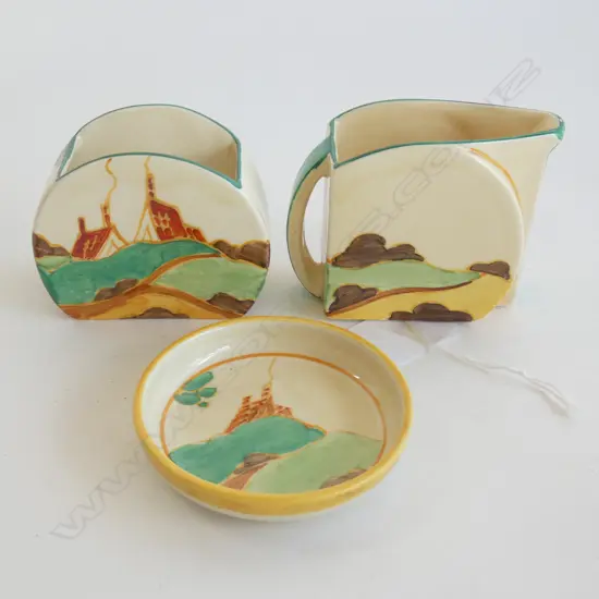 A Clarice Cliff Bonjour shape Fantastique jug and sugar bowl,