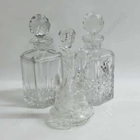 3 CRYSTAL DECANTERS, some etched to base, Tallest: 250mm