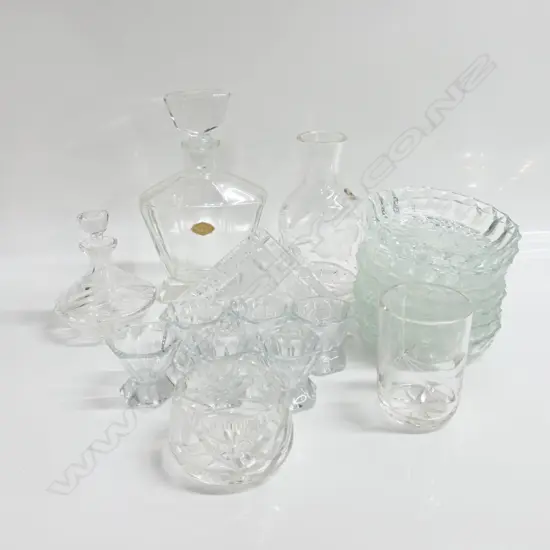 19 VARIOUS GLASSWARE: 6 shot glasses (H.55mm), carafe (H.180mm) 2 perfume bottles (tallest 240mm), 7 saucers (Dia.150mm)