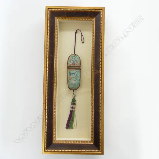 FRAMED ANTIQUE CHINESE EMBROIDERED SPECTACLE CASE, FRAMED UNDER GLASS, 230 x560mm