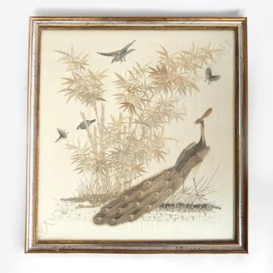 ANTIQUE ORIENTAL FRAMED EMBROIDERED PEACOCK BAMBOO & BIRDS, 530 x 490mm