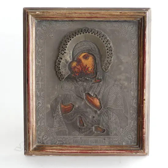 FRAMED ANTIQUE RUSSIAN ICON OF THE MADONNA & CHILD, 170 x 140mm